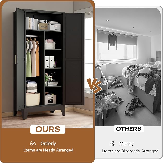 71" Steel Combination Wardrobe Closet, Metal Storage Wardrobe Cabinet with 2 Doors, Hanging Rod & Shelves, Black Metal Armoire Wardrobes Clothing Coat Cabinet for Bedroom, Office, School