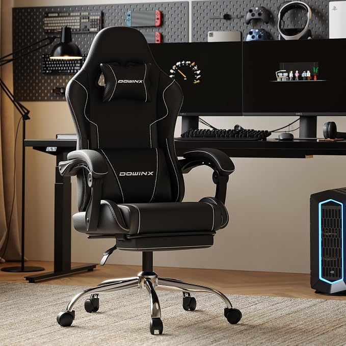 Dowinx Gaming Chair with Footrest, 330lbs Computer Chair 2D Lift Linkage Armrest, Massage Lumbar, Height Adjustable Ergonomic Comfy Video Game Chairs for Home Office Streaming, Long Gaming, Black