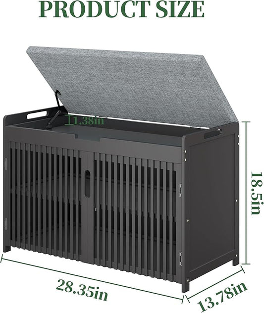 APRTAT Bamboo Shoe Storage Bench with Padded Cushion, 3-Tier Shoe Rack Organizer with 2 Ventilated Grille Doors for Entryway, Bedroom, Bathroom (Black, Large)