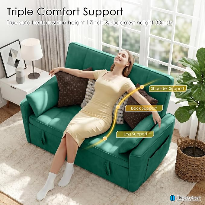 54'' Sleeper Sofa Bed, Convertible Pull Out Couch Futon for for Living Room,Apartment (Green, Loveseat) Side Pockets, Velvet Fabric, Adjustable Backrest, Pull-Out Bed, Easy Assembly