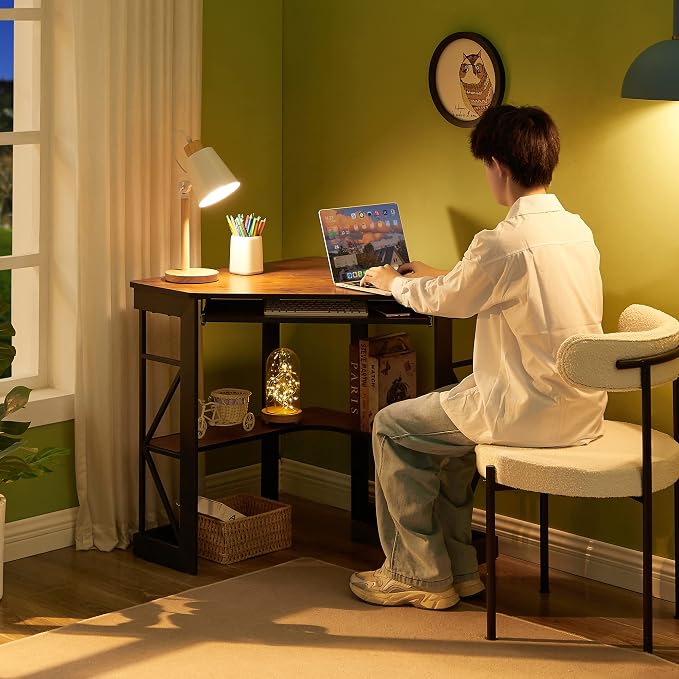 VECELO Corner Computer Desk 41 x 30 inches with Smooth Keyboard & Storage Shelves for Home Office Workstation, Teak