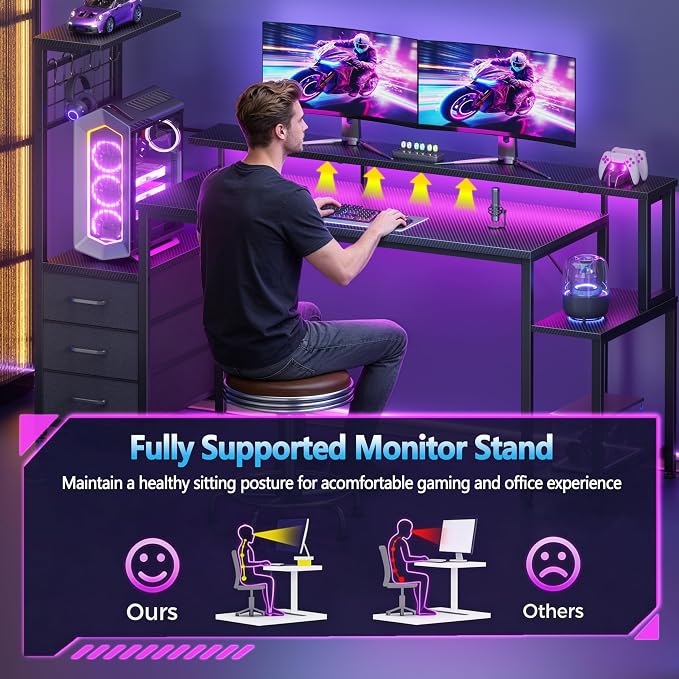 Korfile 63 Inch Gaming Desk with Bluetooth LED Lights & Power Outlets,Computer Desk with Fabric Drawers & Hooks,Reversible Gamer Table with Monitor Stand for Game Room,Home Office,Carbon Fiber Black
