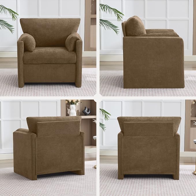 Oversized Accent Chair for Living Room, 32.68" Large Modern Armchair with Deep Seat, Mid-Century Comfy Reading Chair with Padded Arms, Chenille Single Sofa Chairs for Bedroom, Dark Brown