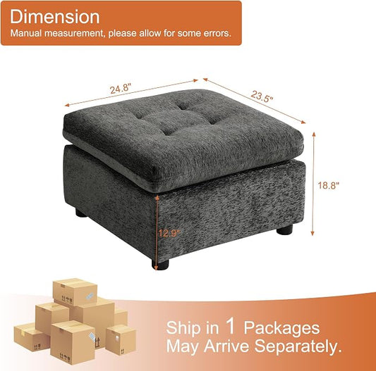 24" Square Modular Ottoman for Sectional Sofa, Tufted Chenille Upholstered Footrest, Cloud Sofa Ottoman for Living Room, Dark Grey