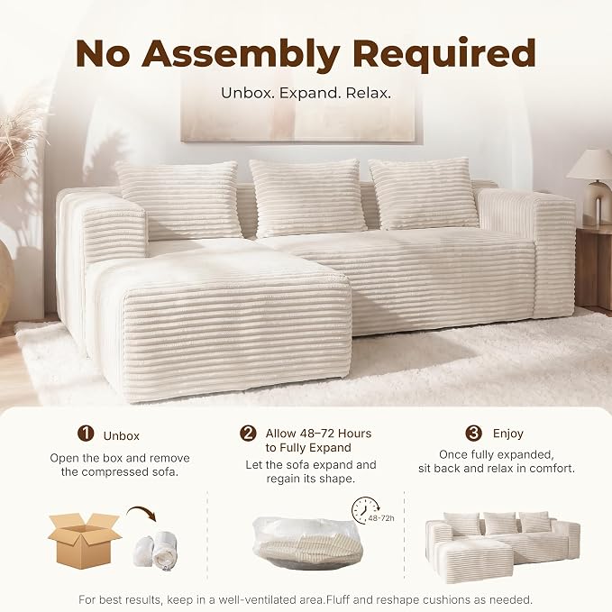 Modular Sectional L-Shaped Sofa with Deep Seat, Modern Boneless Comfy Corduroy Fluffy Couch with Side Pockets and Anti-Slip & Floor-Friendly Bottom for Living Room, No Assembly, White