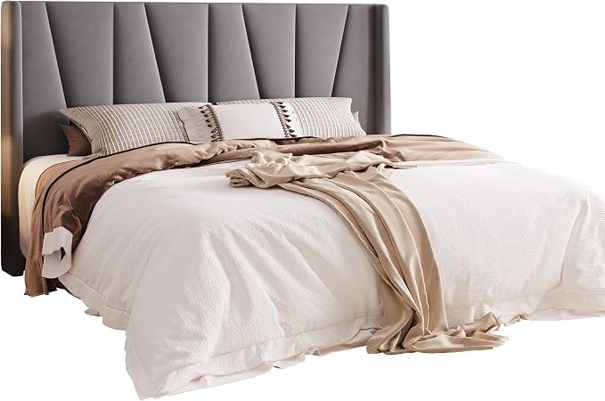 Allewie King Size Platform Velvet Bed Frame with Geometric Wingback Headboard, Boho Upholstered Bed with Wooden Slats Support, No Box Spring Needed, Easy Assembly, Light Grey