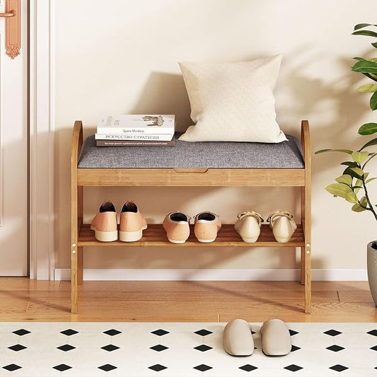 Giantex Shoe Bench with Flip-Top Storage, Bamboo 2-Tier Entryway Bench with Padded Cushion, Shoe Rack Bench for Hallway, Closet, Foyer, Living Room, Bedroom, Mudroom (with Flip-Top Storage)