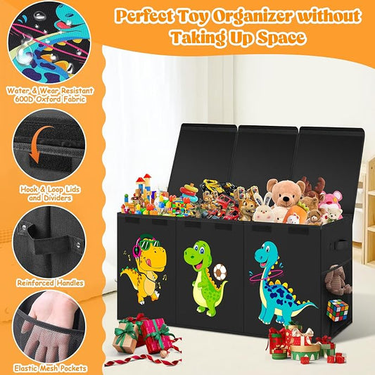 Beadsky Extra Large Toy Box, Collapsible Toddlers Toy Chest Kids Storage Organizer, Dinosaur Bin Boxes Storage Basket with Lids for Boys, Girls, Living Room, Nursery, Playroom, 40"x14"x16", Black