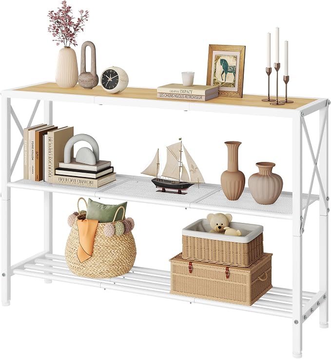 Hoctieon Industrial Console Table, 3 Tier Entryway Tables, Hallway Desk, Narrow Sofa Tables with Shelves, Entrance Table for Entryway, Living Room, Foyer, Hallway, Office, Oak Beige