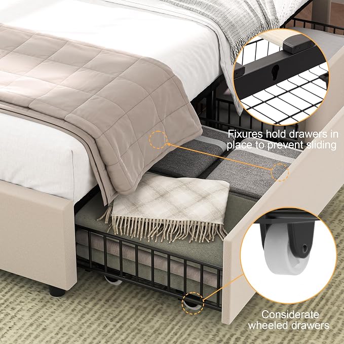 VECELO Queen Size Bed Frame with 4 Storage Drawers & Adjustable Headboard, Built-in Charging Station, Upholstered Bedframe with Wood Slats Support, Beige