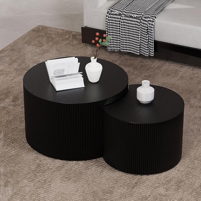 Round Nesting Coffee Table Modern Black Fluted Coffee Table Set of 2 Stripe Round Coffee Tables Drum Crescent Side Table Accent End Table for Living Room (Black B Large)
