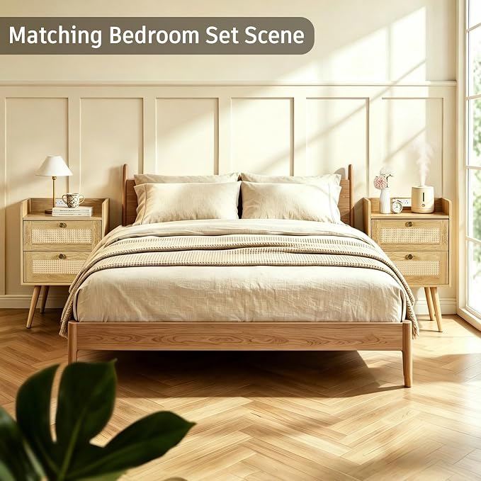 Nightstands Set of 2 with Charging Station, Modern Boho Rattan Bedside Tables with 2 Drawers,Open Storage End Tables for Bedroom, Small Spaces and Dorm, Solid Wood Legs,Natural