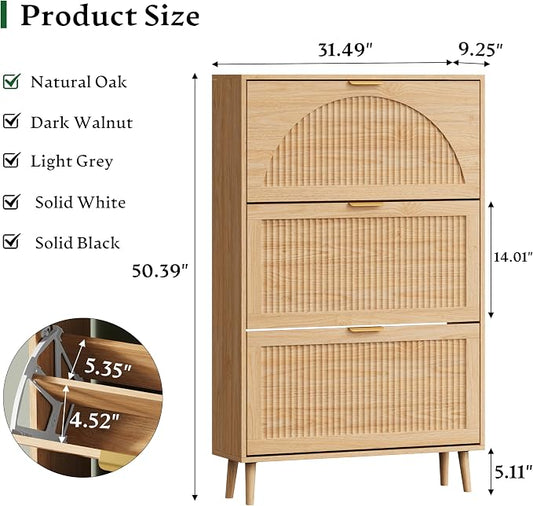 Xixini Shoe Storage Cabinet with 3 Flip Drawers, 50" Tall Narrow Wood Fluted Shoe Organizer for Entryway, Freestanding Wooden Hidden Slim Shoe Rack for Front Door Entrance, Hallway, Foyer, Natural Oak