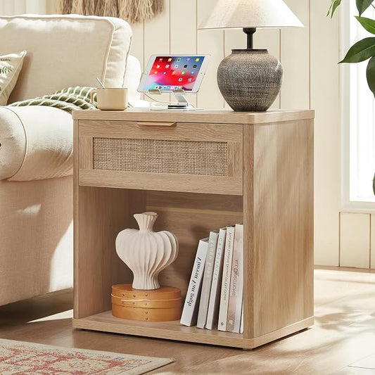 LEYAOYAO Rattan Nightstand with Charging Station, Natural Wood Night Stand with Drawer, 23" Wide Boho Bedside Table with Storage Shelf, Bed Side End Tables for Bedroom, Living Room, Hallway