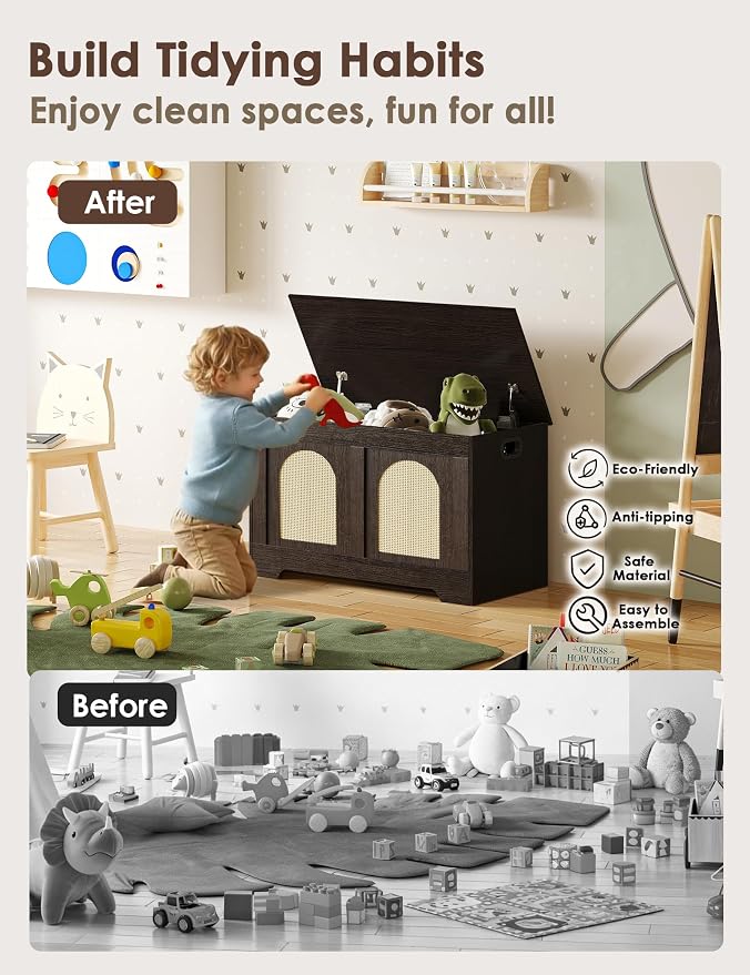 DINZI LVJ Storage Chest, 31.5" Rattan-Like Toy Box with 2 Safety Hinges, Wooden Entryway Storage Bench with Flip-Top, Storage Trunk for Living Room, Bedroom, Easy Assembly, Espresso and Natural
