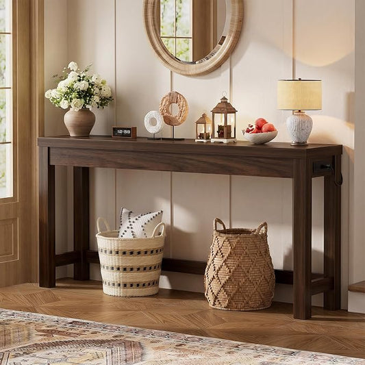 Cyclysio 63" Console Table with Charging Station, 13.8" Deep Farmhouse Sofa Table Behind Couch with 2 AC Outlets & 3 USB Ports, Long Entryway TV Console or Home Office Desk, Black Walnut