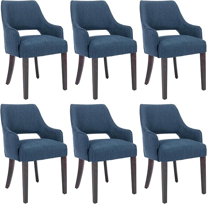 Linen Upholstered Dining Chairs Set of 6 with Arms | Blue linen fabric, breathable upholstery, curved backrest, cushioned seat, solid wood legs, farmhouse style for dining room