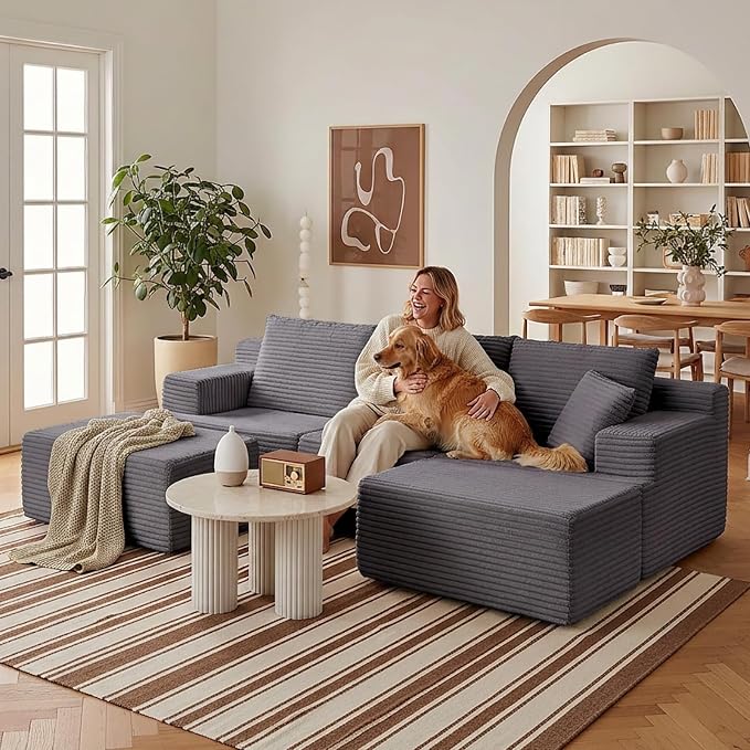 103" Modular Sectional Sofa, Comfort U Shaped Boneless Couch for Living Room, Extra Deep Seats No Assembly, Corduroy (Grey, 3 Seater + 2 Ottomans