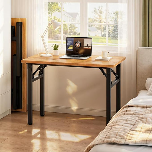 Need 35.8 Inch Folding Desk for Small Spaces, Home Office Computer Desk with Teak Wood Top & Black Frame, Foldable Writing Table for Study, Bedroom, Dorm Room & Student