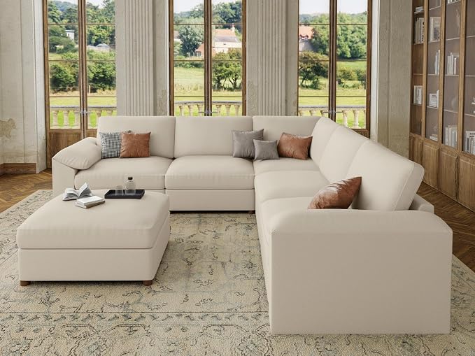 EASE MOOSE Oversized Modular Sectional Couch with Ottoman, Faux Leather Sectional Sofa with Deep Seat, Scratch Resistant Faux Leather Material, Extra Large L Shaped Couch,Beige