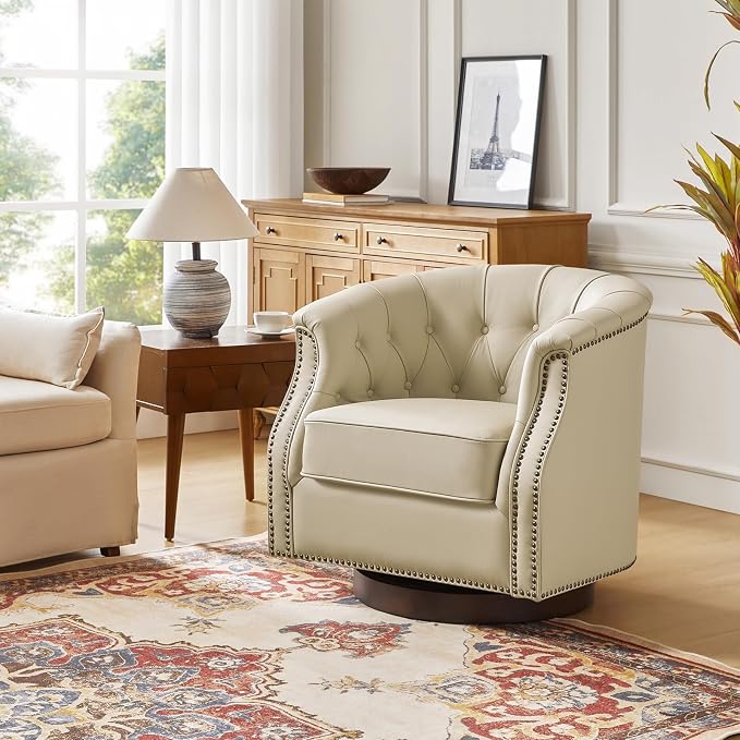 HULALA HOME Genuine Leather Swivel Accent Chairs Set of 2, Swivel Rocker Barrel Chairs, Traditional Chesterfield Armchairs with Button-Tufted Design, No Assembly Required, Beige