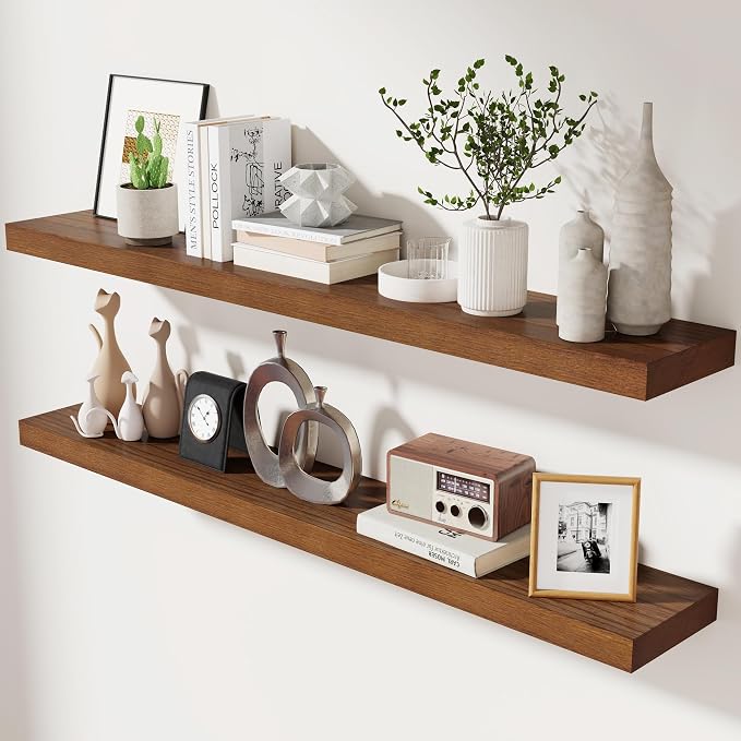 fuqing Rustic Floating Shelves, 48 Inch Floating Shelf Set of 2, Solid Wood Wall Mounted Shelves Dark Wood Shelves for Bedroom Bathroom Living Room - Dark Walnut
