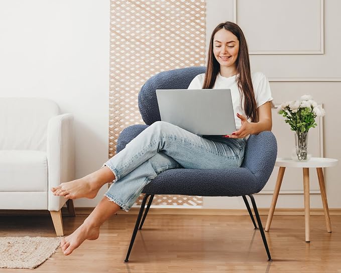 Small Accent Chair Set of 2,Sherpa Chair with Love Back, Boucle Chairs with Metal Legs, Comfy Modern Reading Chairs/Sherpa Accent Chair with Thick High-Elastic Sponge/Cream Style Room (Blue)