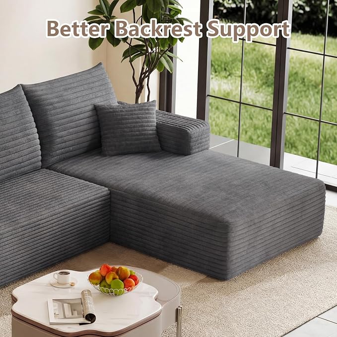 95" Cloud Sectional Couch with L-Shape Chaise, Modular Comfy Sofa Chaise Longue, Upholstered Corduroy Couches Sleeper with Deep Seat for Living Room Bedroom, No Assembly Required(Grey, Right Facing)