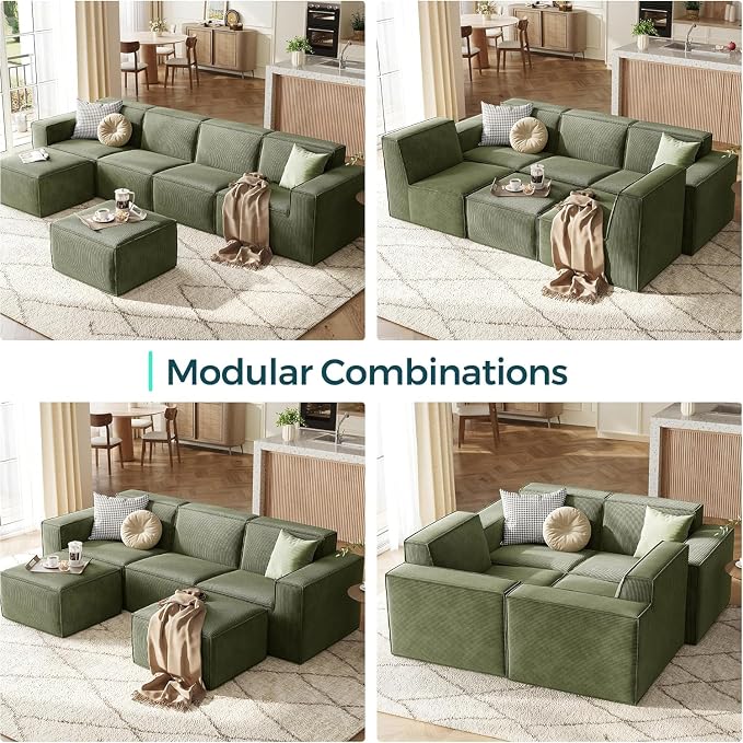 LINSY HOME Modular Sectional Sofa, 134" Boneless Couch U Shaped 4-Seat Sofa with 2 Movable Ottomans, Corduroy Sectional Cloud Couches for Living Room, No Assembly Required, Green