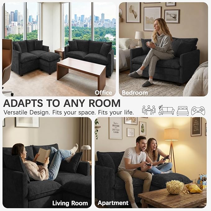 52'' Loveseat Sofa with Ottoman, Modern Cloud Sofa Couch with 27" Deep Seat Comfy Chenille Small Couch for Small Spaces, Apartment, Studio, Bedroom, Living Room
