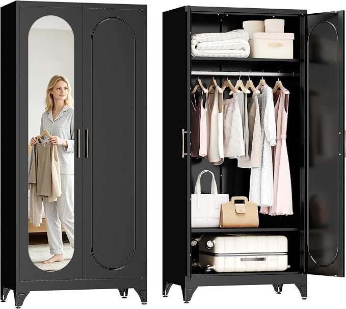 UNICOLY Metal Wardrobe Cabinet with Mirror Doors,71" Tall Armoire Wardrobe Closet with Hanging Rod and Adjustable Shelves,Black Clothing Storage Cabinets for Bedroom, Living Room,Office