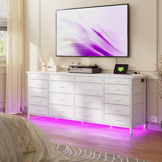 EnHomee 63" W White TV Stand for Living Room, 18 Drawers, LED & Charging | Long Dresser for 65"-75" TV, Deep Drawer, Spacious Storage, Drawers Glide, No Wobbling, Anti-tip, Easy Assembly, Wipes Clean