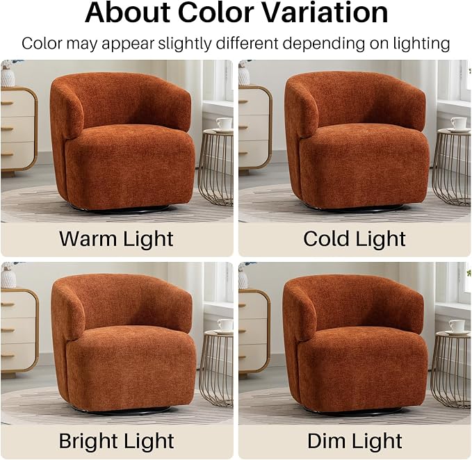 SOFTHION Swivel Accent Chair, Chenille Barrel Chair for Living Room, Cozy Round Boucle Arm Chair, Metal Base for Club Nursery Bedroom, Orange