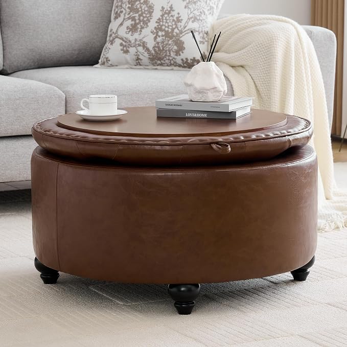 WUTUTUEE 30Inch Round Storage Ottoman with Tray, Modern Tufted Leather Circle Coffee Table with Storage, Upholstered Ottoman with Removable Top for Living Room, Bedroom, Leather Coffee
