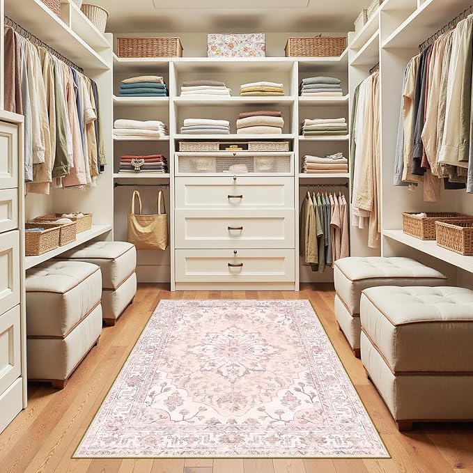 RELEANY Area Rugs 3'x5' Washable Non-Slip, Floral Vintage Distress Medallion Carpet for Living Room Bedroom Dining Room, Pink Greypink Cute