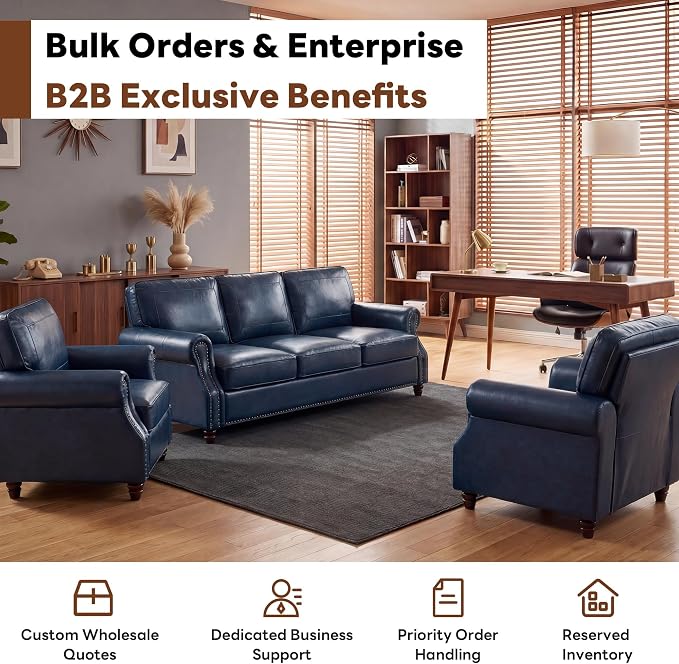 Kingfun Mid-Century Modern Couch, Faux Leather Sofa Set, 3 Seater Couch for Living Room with Rolled arms & Nailhead Trim, Blue
