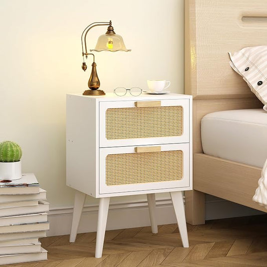 YAUKOMEL White Nightstand, Wood End Table, Side Table with 2 Hand Made Rattan Decorated Drawers,Boho Bedside Table,Wood Accent Table with Storage for Livingroom, Bedroom, White CTG59W