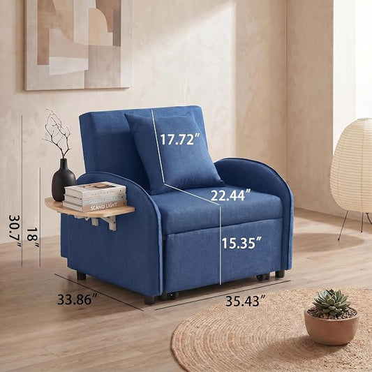 3-in-1 Convertible Sleeper Bed, Pull Out Single Sofa Bed with Adjustable Backrest, Foldable Recliner Sofa with Side Table & USB Port, Sleeper Chair for Living Room, Home Office, Blue