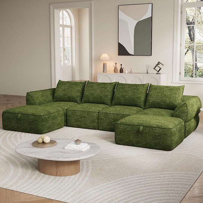 132" Modular Sectional Sofa with Deep Seat, U-Shaped Cloud Couch for Living Room, 4-Seater Boneless Sofa with 2 Ottomans, Flexible Combination Modern Upholstery Sofa, No Assembly Required, Algae Green