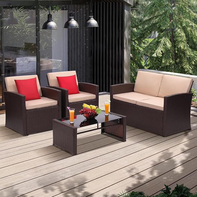 KROFEM 4-Piece Patio Furniture Set, Wicker Outdoor Rattan Sectional Sofa with Cushions and Glass Table, All-Weather Outdoor Conversation Set for Garden, Porch, Backyard, Patio, Beige
