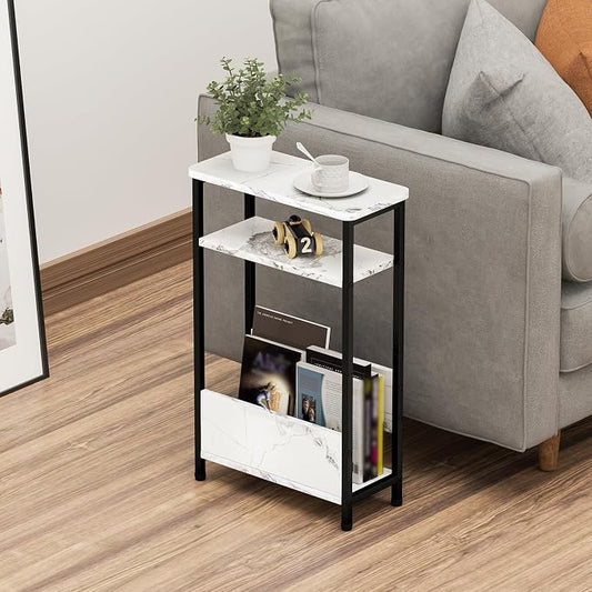 THUMEYE 7.1" Narrow Side Table for Small Spaces, 3 Tier Small End Table with Magazine Holder, Slim/Skinny Nightstand/Bedside Table for Living Room, Bedroom, 15.4" L x 24.2" H, Faux White Marble