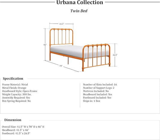 Lexicon Twin Metal Bed Frame, Platform Bed with Strong Metal Slat Support Under Bed Storage, Twin Bed Frame with Headboard, No Box Spring Needed, Easy Assembly, Twin, Orange