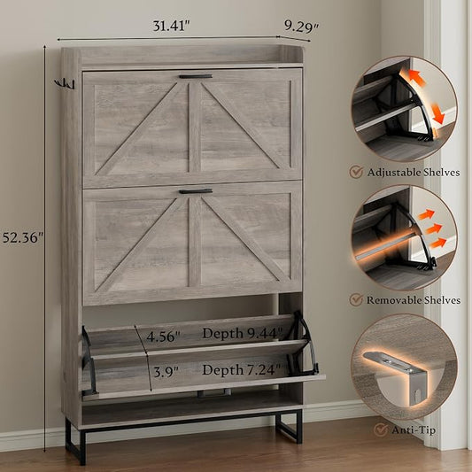 BORNOON Shoe Cabinet with 3 Flip Drawers Narrow Shoe Storage Cabinet Organizer Wooden Freestanding Shoe Rack Hidden Slim Shoes Storage Cabinet for Entryway, Hallway, Living Room, Bedroom