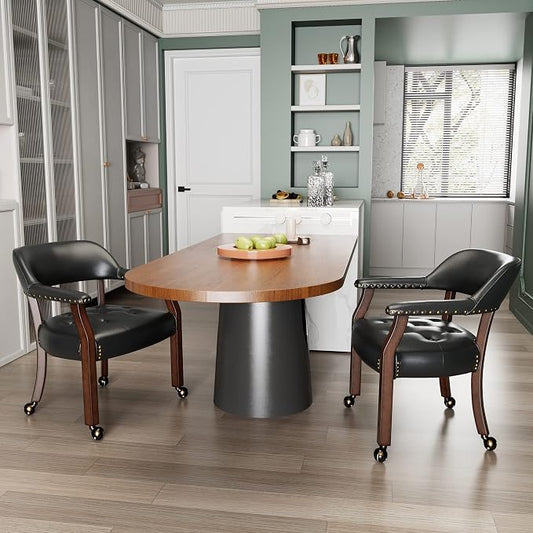 LEEMTORIG Large Dining Chairs with Casters and Arms, Rolling Dining Chairs with Wheels, Accent Game Poker Chairs, Boss Caption's Chairs, 26" D x 25.2" W x 31.5" H, Espresso Legs & Black PU, SY-318-BK