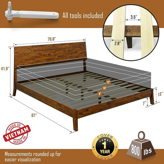 Acacia Serenity King Bed Frame and Headboard Solid Wood Platform Bed, King Size Bed Frame and Headboard, Scandinavian Wood Bed Compatible with All Mattress Types, Non-Slip and Noise-Free, Caramel
