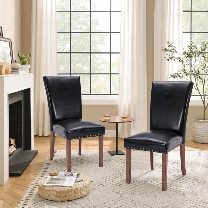Parsons Dining Chairs Set of 4, Upholstered Nailhead PU Leather Dining Room Kitchen Side Chair with Thick Cushions and Wood Legs, Black