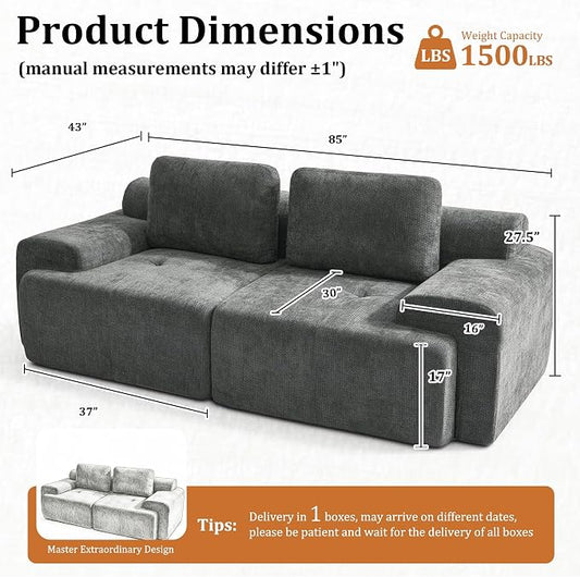 85" Oversized Boneless Couch, Comfort Cloud Sectional Couches for Living Room, Modular Sofa High Back & Extra Deep Seat, No Assembly, Soft Chenille Fabric (Dark Grey, 85 inch- Shaped(2+0))