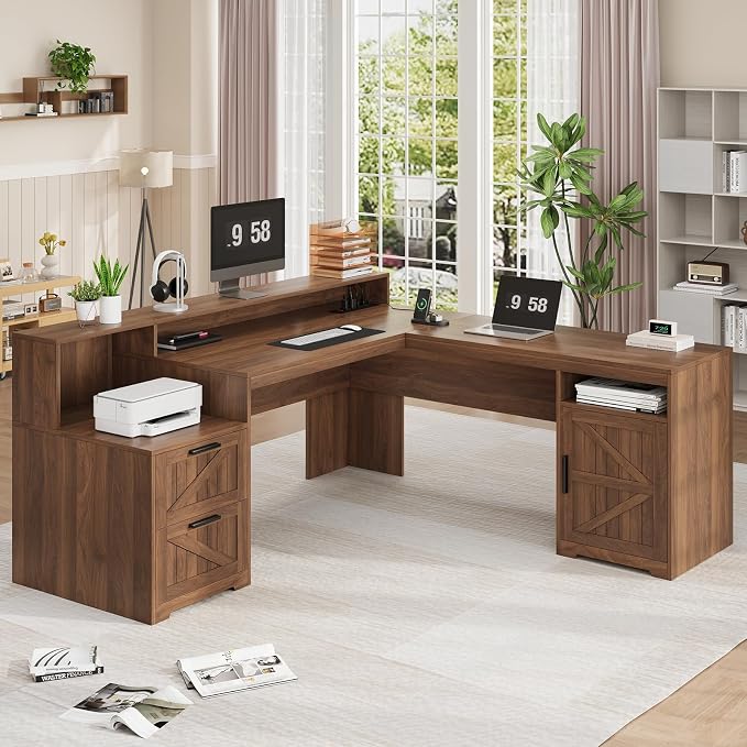 YOMILUVE 63" Farmhouse L Shaped Executive Desk with Drawers & Storage Shelf, Corner Computer Desk with Power Outlets, L Shaped Office Desk with Monitor Stand, Printer Shelf, Brown