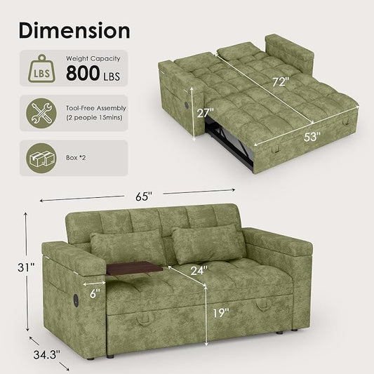 65'' Sleeper Sofa Bed, Pull Out Couch with Side Table | USB Charging Port | Adjustable Backrest | Chenille Fabric, Convertible Loveseat for Living Room, Apartment, Small Spaces (Green)