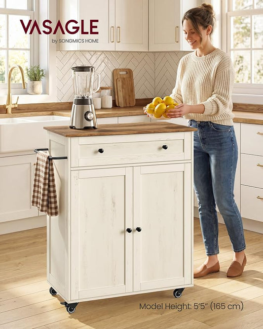 VASAGLE Mobile Kitchen Island, Portable Island on Wheels, Mobile Cart with Storage Cabinet for Dinning Room, 15.8 x 30.9 x 35.1 Inches, Rustic White and Honey Brown UKKI009WJ01S